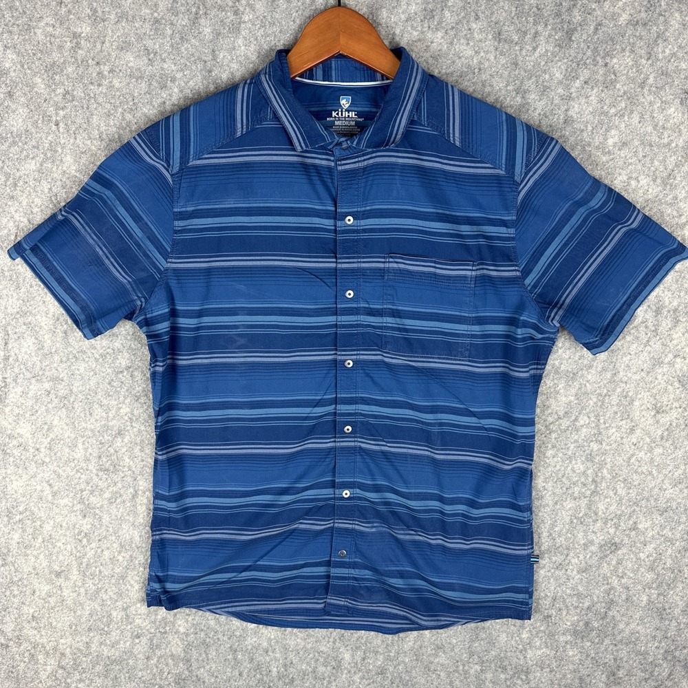 Kuhl Shirt Mens M Blue Stripe INTRIGUER™ Short Sleeve Snap Up Response 7145